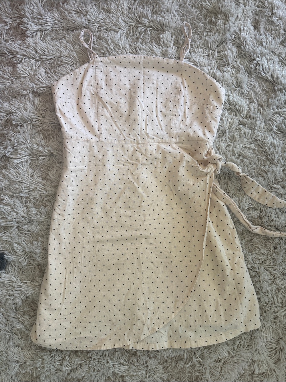 Hem & Thread Cream Mini Wrap Dress with Black Polka Dots